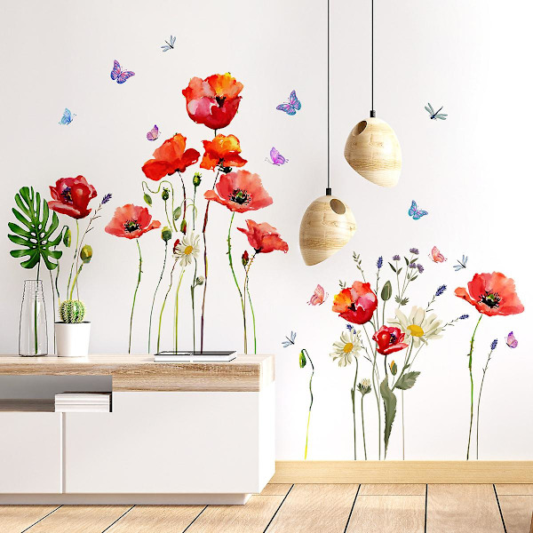 1 set Röda Vallmoblommor Väggdekal Blommig Fjäril Väggklistermärke DIY Avtagbar Växt Blomma Väggkonst Dekoration för Barn Vardagsrum Dekoration