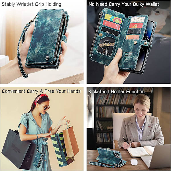 iPhone 14 Pro Max-fodral, iPhone 14 Pro Max-fodralplånbok för kvinnor och män, hållbart PU-läder med magnetiskt spänne, flipp, handledsrem, blixtlås, kortfack, telefonfodral