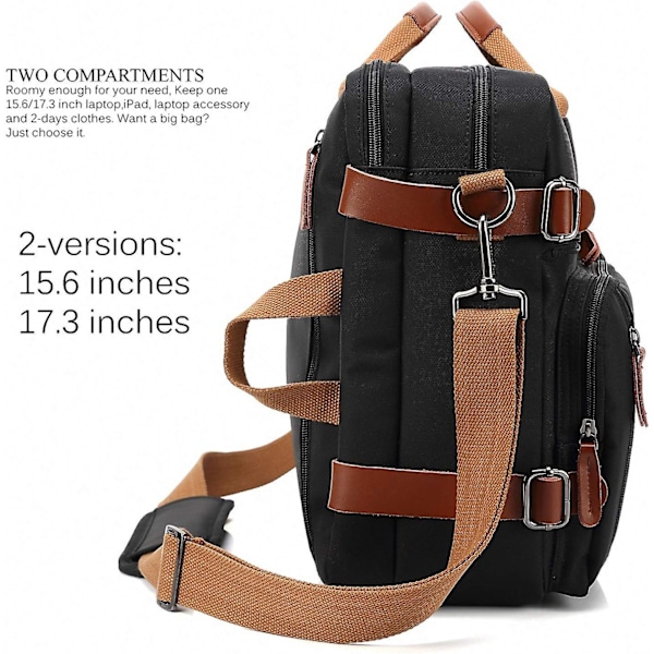 (Nylon Svart, 17,3 tum) Konvertibel Ryggsäck Messenger Väska Axelväska Laptopfodral Handväska Business Portfölj Multifunktionell Reseryggsäck Passar 17,3