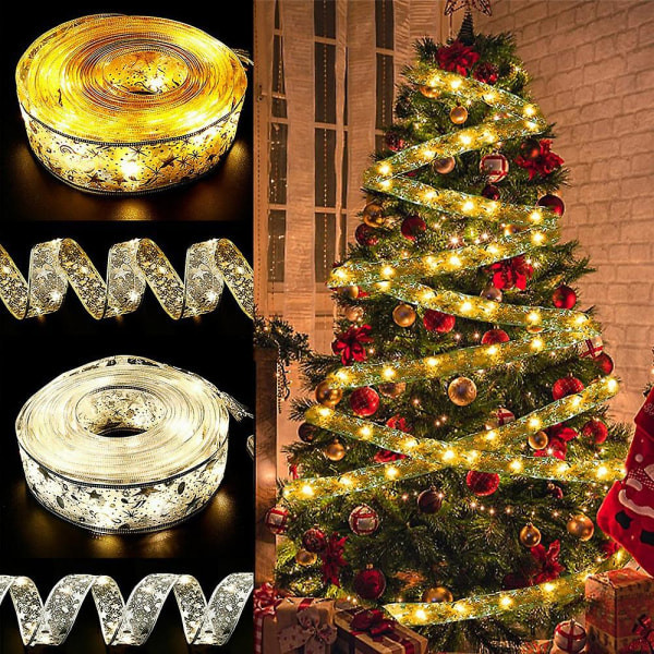 6 joulukuusenkoristetta Riippuvat silkkinauhavalot LED-valot Joulukoristeet joulunauhavalot (200 cm20 valot, kultainen lämmin)