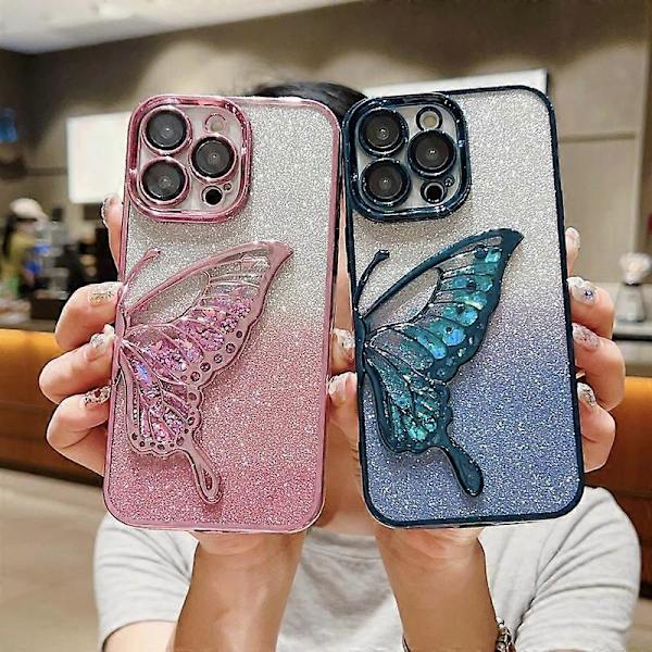 Mobiltelefonskal 3D flytande sand fjäril iPhone14 Pro max gradient blixtpulver elektropläterad skyddande skal - A30121A