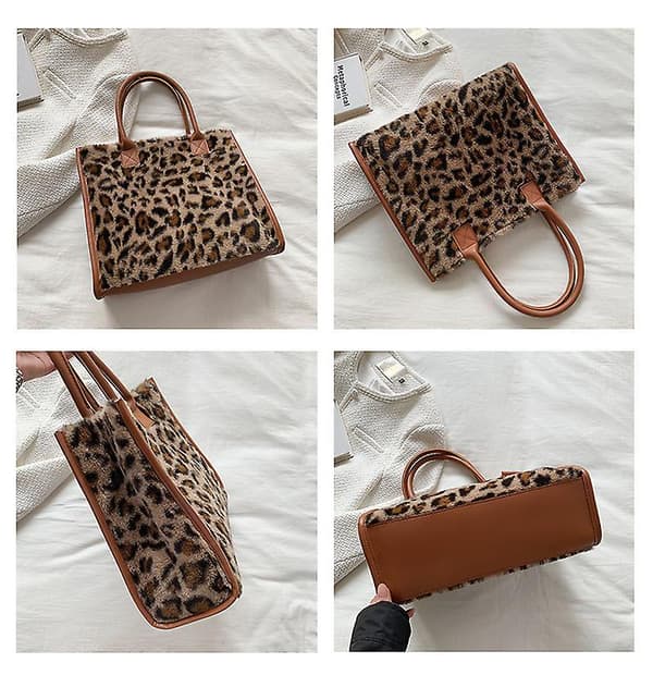 Ny top-håndtag tasker retro ko leopard print PU læder plys design efterår vinter mode små kvinder små håndtasker