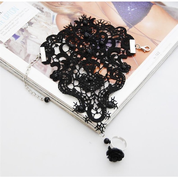 Halloween Sort Armbånd i Sort Blonder med Sort Blomster Ring til Kvinder Gotisk Lolita Sort Perle Vedhæng Armbånd til Dame Piger Fest Ferie(1 stk)