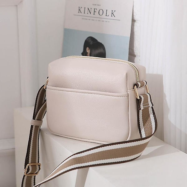 Handväska Solid Square Dam Crossbody Väskor Bred Tyg Rem Crossbody Väska Dam Mode Handväskor Dragkedja Läder Dam Axelväskor（Beige）