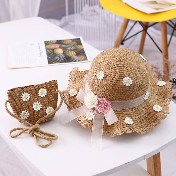 2-8 år herr solhatt herr sommar halm väska keps set herr resor solskydd strand hatt sol fiskare hatt för barn（Khaki）