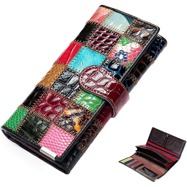 Multifärgad-l Kvinnor Multifärgad Äkta Läder Korthållare Plånböcker Organizer Handväskor Sömmar Mönster Plånbok Väska Med Flik Telefon Clutch Stor Lo