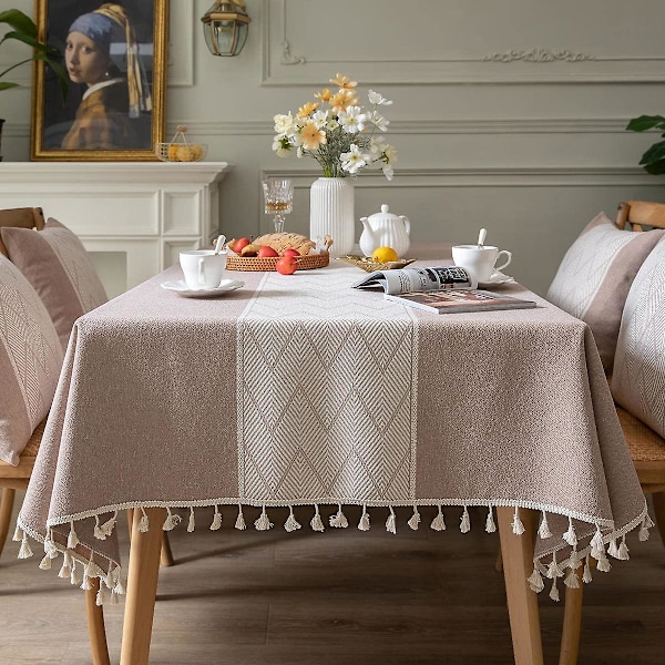 Rektangulära Fyrkantiga Bordsdukar Stickad Broderi Texturerad Tofs Bomull Linne Dekorativ Avlång Bordsöverdrag För Kök Matsal Picknick (140x220 cm,