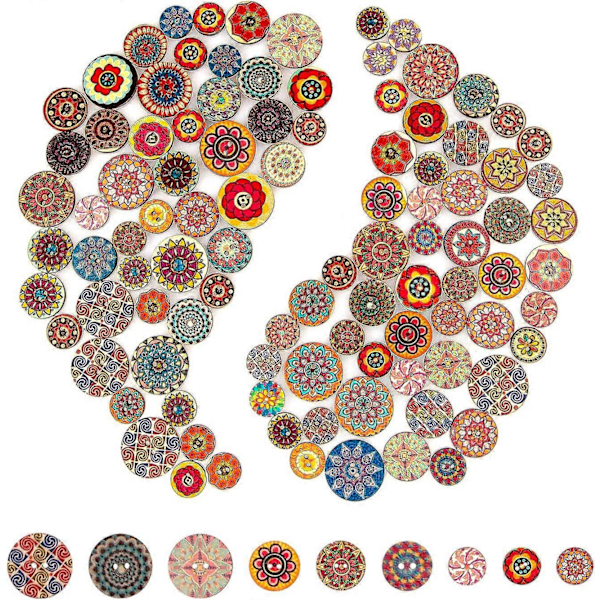 100 st Blandade Slumpmässiga Blommiga Rundformade Trämönsterknappar i Retro Stil, Assorterade Färger för Sömnad, Hantverk, DIY (15mm, 20mm, 25mm)