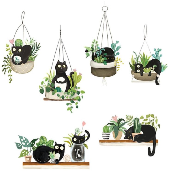 1 sett grønn potteplante kaktus veggdekor Søt svart katt-klistremerker, kreativ tropisk bonsai-tapet, avtakbar dyrekunstveggmaleri for hjemmedekorasjon