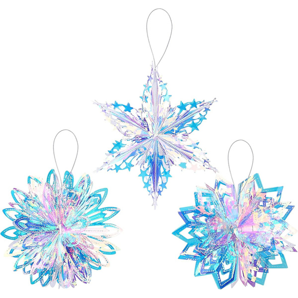 3-pack 3D Regnbågshängande Dekorationer för Festtillbehör, Regnbågsglänsande Snöflinga Boll Blomma Boll Hexagon Stjärna?fläkt Dekorativ för Födelsedag