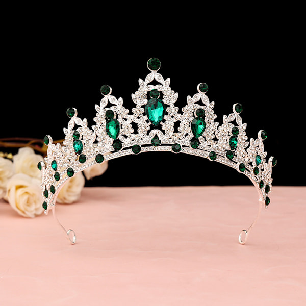 Royal Crystal Tiara Bryllupskrone Hovedbeklædning Brude Hårtilbehør (Sølvbase, Grøn)