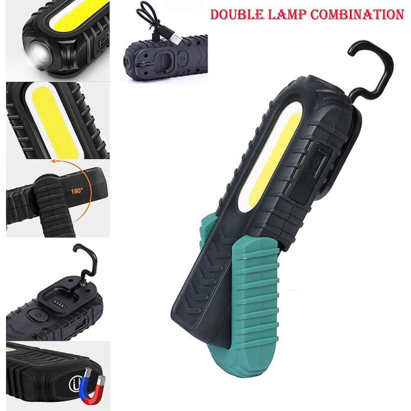 Laddningsbar LED-arbetslampa, 5W COB Front LED Inspektionslampor med krok och magnetisk bas för bil, camping, nödsituationer (grön)
