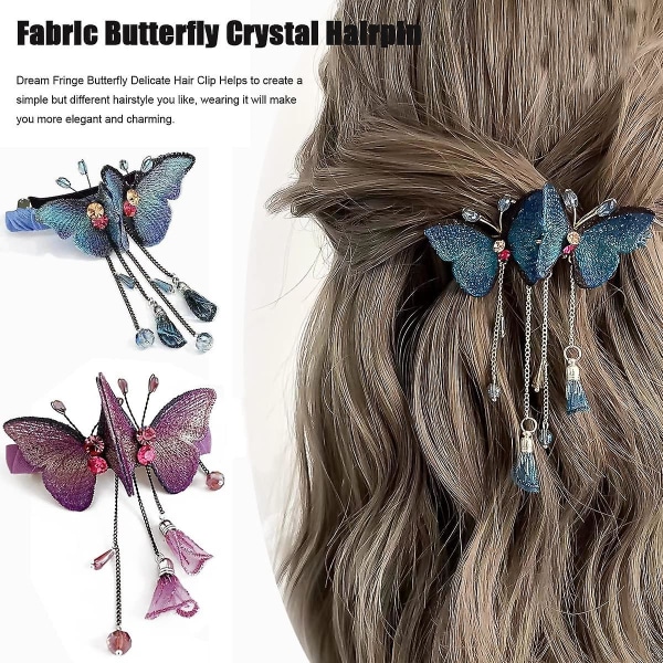 GHYT Temperament Butterfly Rhinestone Tassel Hair Clip, Fantasy Tassel Butterfly Exquisite Hairpin, Retro Elegant Metal Tassel Long Hair Clip, Tassel