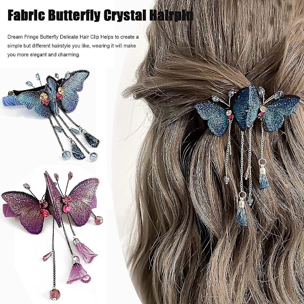 GHYT Temperament Fjäril Rhinestone Tassel Hårklämma, Fantasy Tassel Fjäril Utsökt Hårnål, Retro Elegant Metall Tassel Långt Hårklämma, Tassel