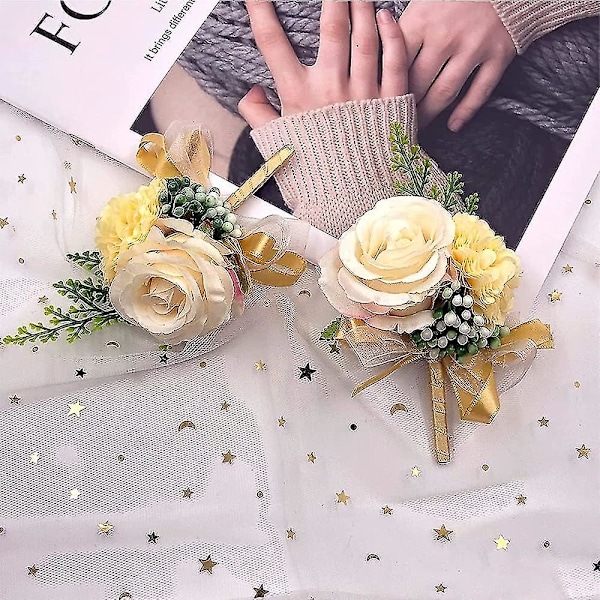 2 st Champagne Bröllops Boutonniere, Bröllopsblomster Armband