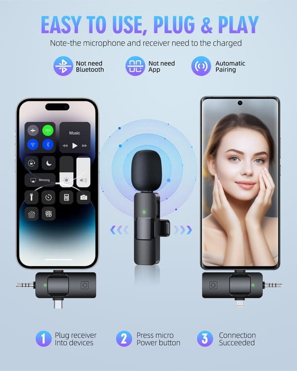 3-i-1 trådløse Lavalier-mikrofoner til iPhone, Android, kamera, USB-C-mikrofon, minimikrofon med støjreduktion til videooptagelse, Vlog