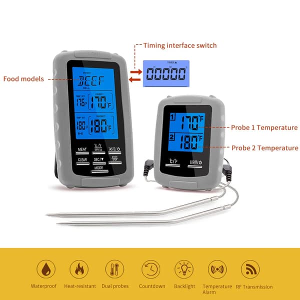 2PCS Trådlös Kötttermometer Mat Grill Termometer BBQ Grill Röktermometer Spis Digital Termometer med Dubbel Sond