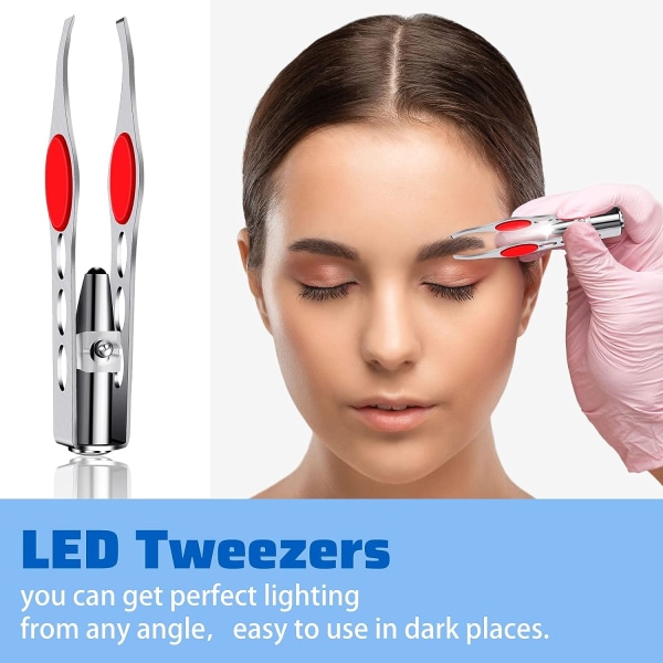 2 pincett med LED-lampor Pincett Makeup Pincett Precision pincett för kvinnor med lampor för hårborttagning av ögonbryn Pincett i rostfritt stål (röd)