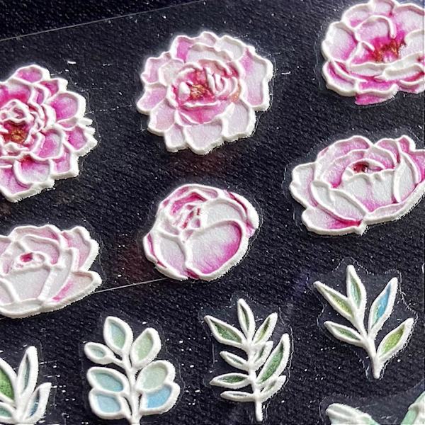 Blommor Nagelkonst Dekaler, 5D Utsökt Präglad Rosa Ros, Pion Fjäril Löv Nagelkonst Dekoration Nagelkonst Tillbehör Självhäftande Skärning Design Ac