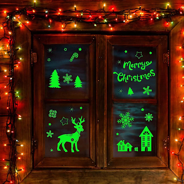 Jul Glow in the Dark Vindue Dekoration Stickers, 68Pcs Nat Luminous Stjerner Snefnug Renser Stickers