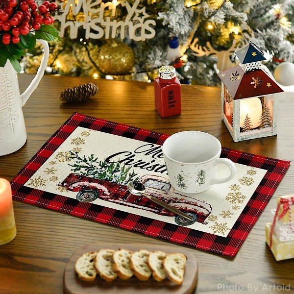 Röd och svart buffelrutig lastbil God Jul Servetter Set om 4, 30,48 x 45,72 cm Vinter Jul Semester Bordsskydd för Fest Dekoration