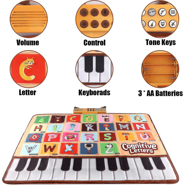 Baby leksaker, skivuppspelning musikalisk tangentbordsmatta Inlärningsleksaker med 26 bokstäver, justerbar volym Elektronisk musik Animal Touch Lekmatta Todd