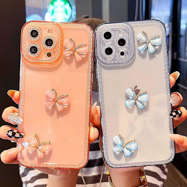 iPhone 12 Pro Max Skal 6,7 tum, Söt 3D Fjäril Bling Glitter Transparent Skal med Anti-Fall Lins Kameror Glittrande Mjuk TPU Skal
