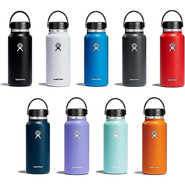 Vattenflaska 946 ml (32 oz) - Vakuumisolerad rostfri vattenflaska med läckagesäker Flex-lock med rem (vit)