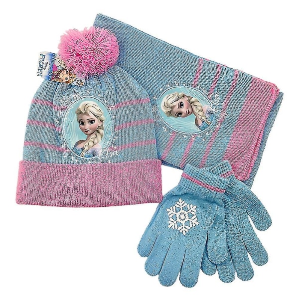 Barn Flickor Frozen Elsa Hat Scarf Handskar 3st/ set Vinter Varm Utomhus Stickad Pom Pom Cap Presenter（Ljusblå och Rosa）
