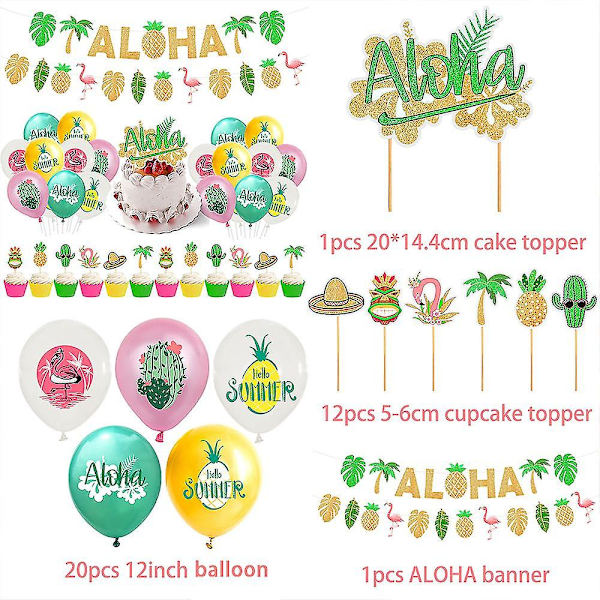 Tropiska Flamingo Hawaii-tema festartiklar set inklusive banderoll ballonger tårta cupcake toppers dekorationer