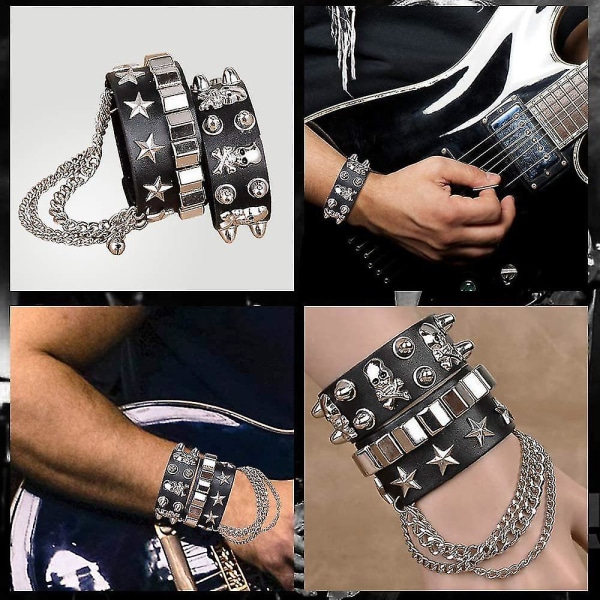 80-tallet 90-talls menn Heavy Metal Rock Disco Pannebånd Mansjetthansker Punk Armbånd Solbriller Cosplay-tilbehør（7 deler）