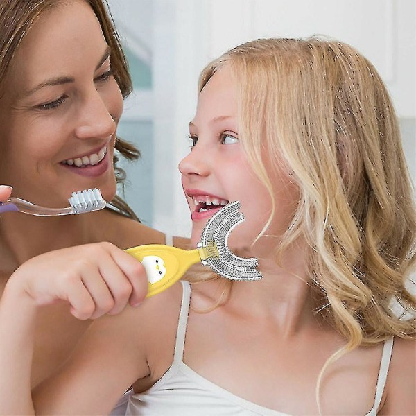 360 grundlig rengöring för barn U-formad tandborste för åldrarna 2-12 år (stor 6-12 år gammal, gul)