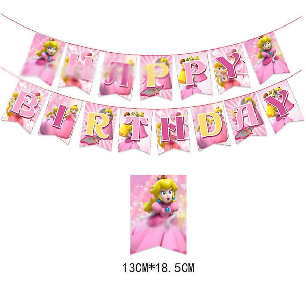 Princess Peach Tema Barn Flickor Födelsedagsfest Dekorationer Tillbehör Ballonger Kit Banner Swirls Tårta Cupcake Toppers Set