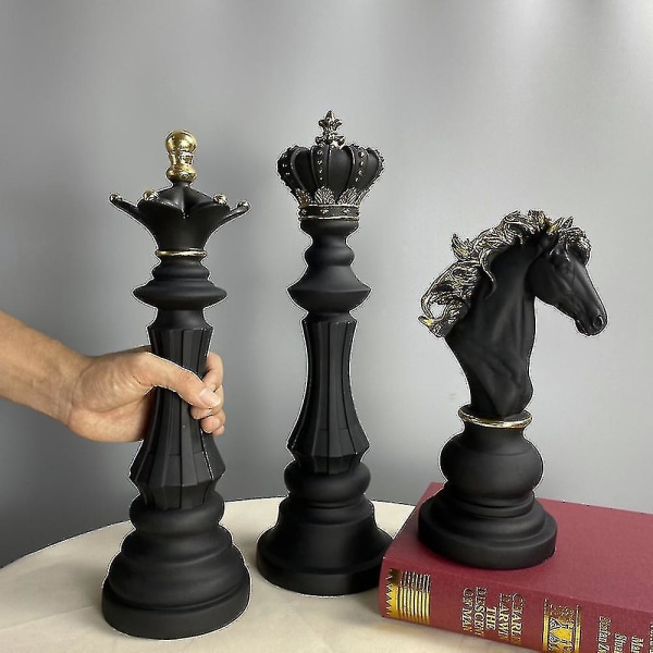 Skak King Queen Knight Resin Crafts International Chess Statue Sculpture_ll（Sort konge）