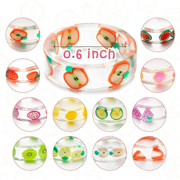 12 stk Harpiks Frukt Ringer Sett Søt Pitaya Jordbær Eple Vannmelon Sitron Kiwi Drue Grapefrukt Harpiks Transparent Ring
