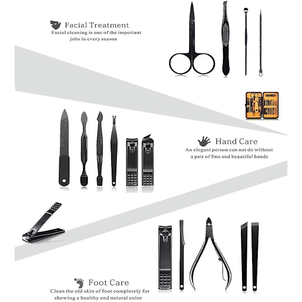 Katea Professional Nagelknipsare i Rostfritt Stål Rese- & Groomingkit Nagelverktyg Manikyr- & Pedikyrset Om 15 delar Med Lyxigt Fodral (svart/gul) B