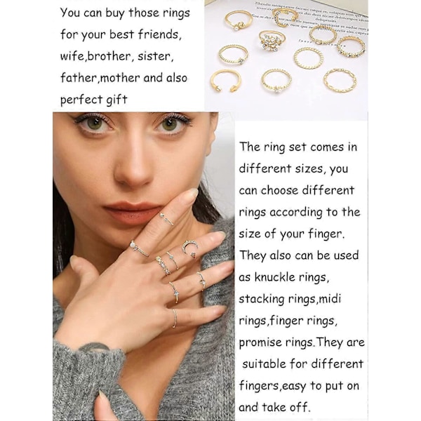 Boho Stackbara Ringar för Kvinnor Guld Knogring Set Enkla Stjärna Måne Blomma Ringar för Tonårsflickor Stackbara Estetiska Ringar Presenter för Tonåringar