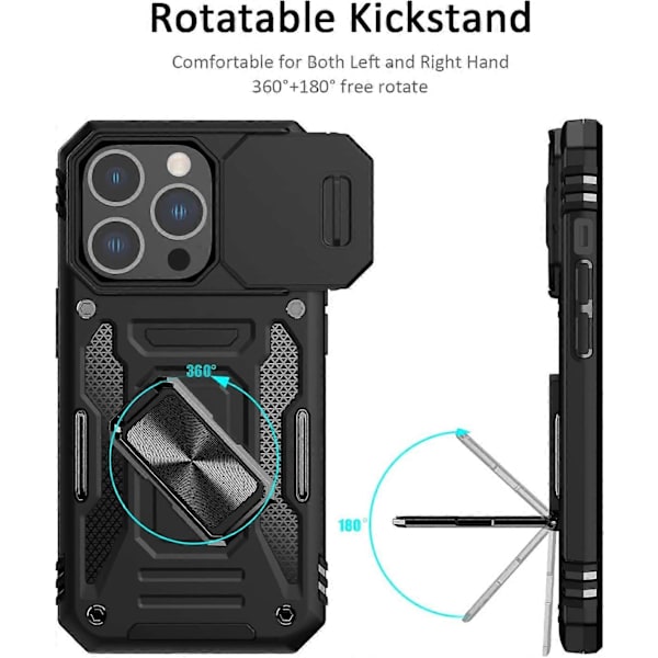 iPhone 13 Pro Skal med Skjutbar Kameraskydd, Falltestat, Militärklass, Robust, Hållbart, Svingbart Ringstativ, Telefonfodral (Svart)