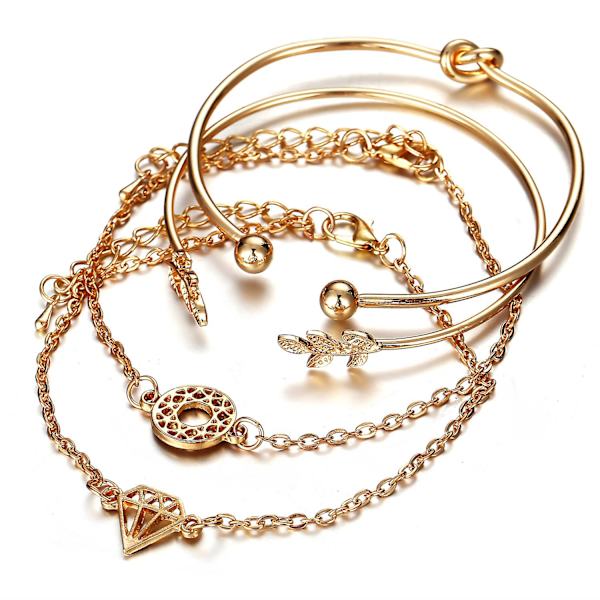4 stk./sæt Boho-bladknude hult åben bangle armbånd kæde armbånd sæt stabelbar link armbåndssæt
