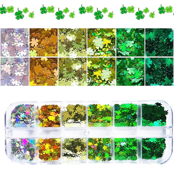 Shamrock Nagelsticker Dekaler Nagelflimmer St. Patricks Dag Klöver Glittrande 3D Nagelkonstmaterial Flakes Holografisk 12 Rutor Färgglad Grön Glitter S