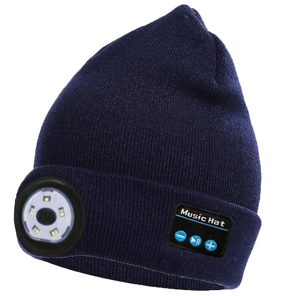 Bluetooth-kompatibel huehue med lys LED multifunktionel varmende hat Bluetooth-kompatible trådløse hovedtelefoner hat（marineblå）