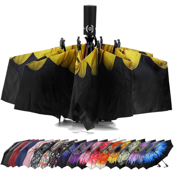 Paraply vindtätt reseparaply Kompakt hopfällbart parasoll, solros (automatisk)