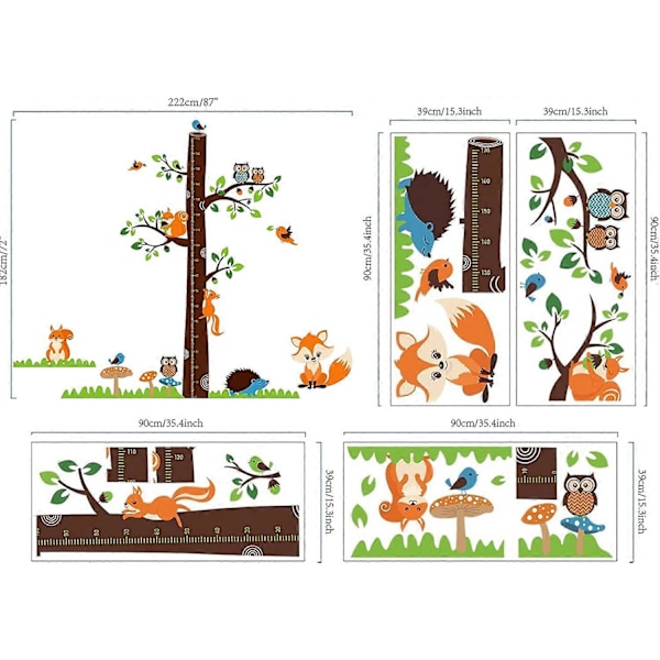 4 Ark/Set Cartoon Höjdväxtdiagram Väggdekal Räv Uggla Djur Självhäftande Cartoon Höjdväggdekal för Lekrum Barnkammare Sovrum Vardagsrum