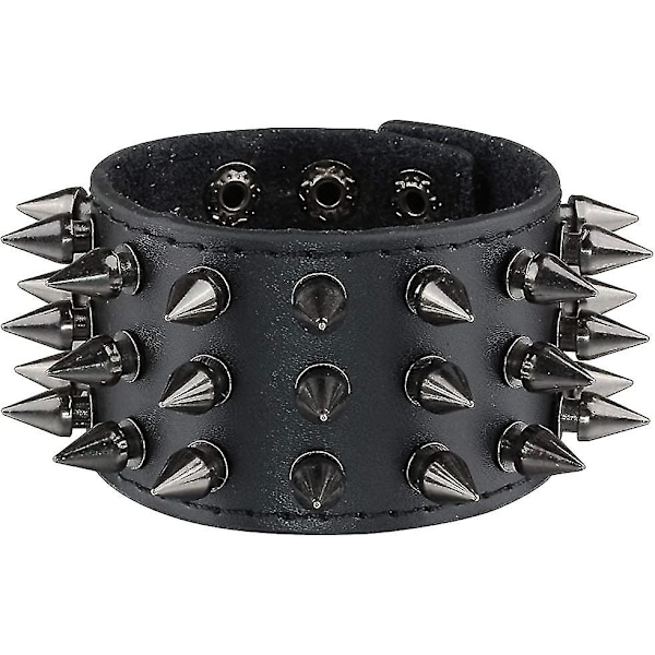 Unisex Svart Metall Spike Studded Punk Rock Biker Bred Rem Rem Läder Armband Kedja Armband