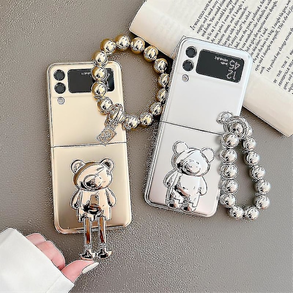 Galvaniserad 3D Flash Bear Bracket Set Kompatibel Med Galaxy Z Flip 4 Z Flip 3, Med Armband Metallskydd（Z Flip 3，Guld）