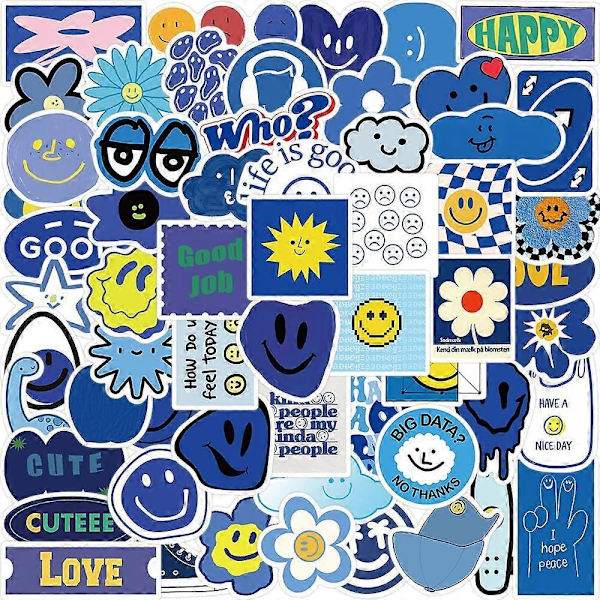 59 st Smiley-dekaler i blått - Estetiska VSCO Preppy-dekaler för vattenflaskor, bärbara datorer, journaler, scrapbooking