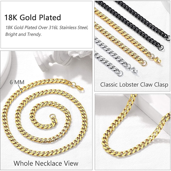Trendig kubansk kedja. Silver/18k guld/svart. Starkt och hållbart kedjehalsband. Bredd 7mm. Längd 30 tum