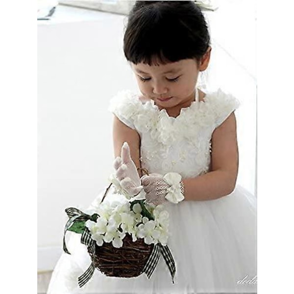 Blomsterflickors Handskar, Elfenbensfärgad Spetsnät Voile Korta Prinsessbåghandskar för Bröllop
