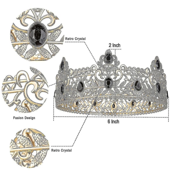 Kompatibel Withking-krone for menn, prins-bursdagskroner med svart rhinestone