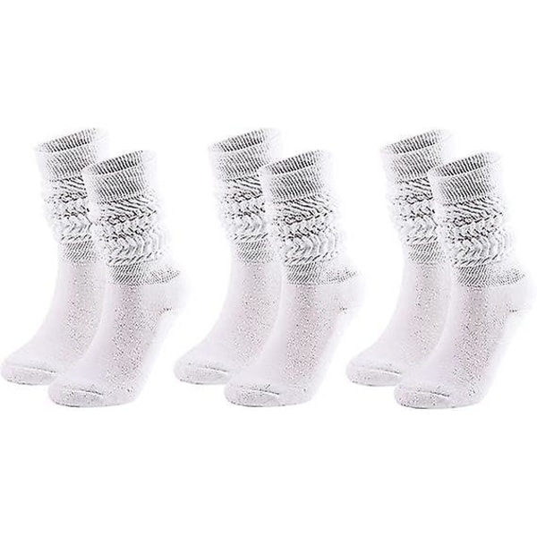 3 par strikkede Slouch-sokker i bomull for kvinner, ekstra lange knehøye støvelsokker（hvite）